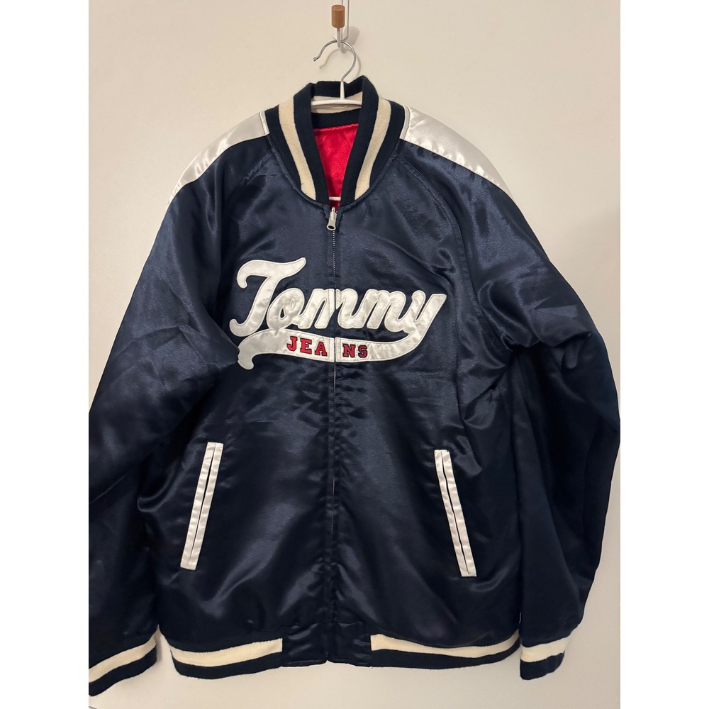 Rare VTG Tommy Jeans Reversible Satin Jacket Spellout Logo Quilted Liner 85 [XL